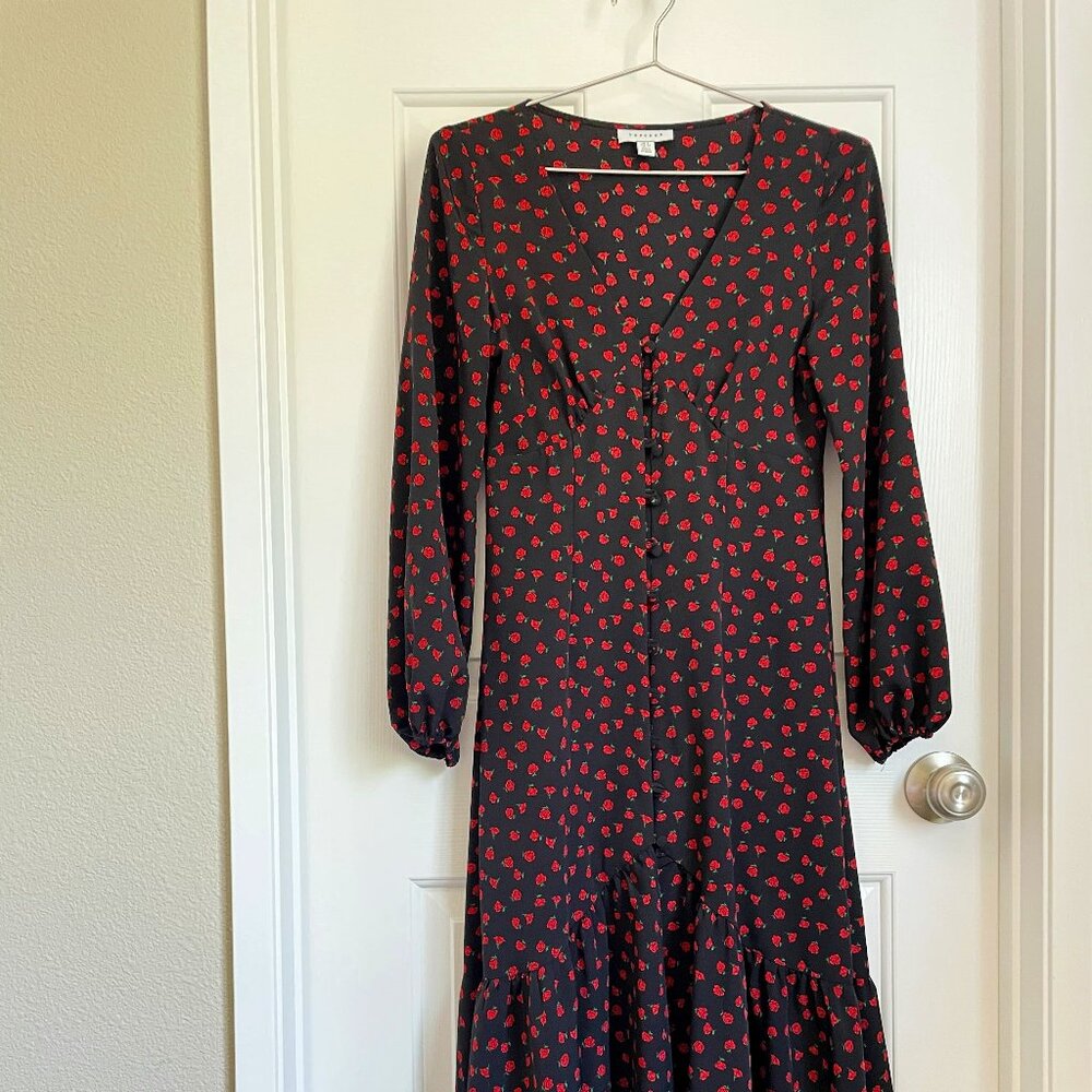 Women's TOPSHOP Long Black Dress with Red Rose Details, Button Front, Size US 2
